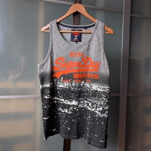 🇬🇧 SuperDry Grey & Black Logo Tank Top with Orange Print - XL